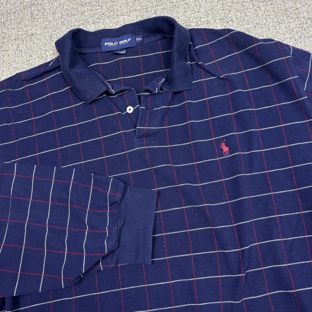 Polo Ralph Lauren Polo Shirt Mens XXL Polo Golf Navy Blue Windowpane Long Sleeve